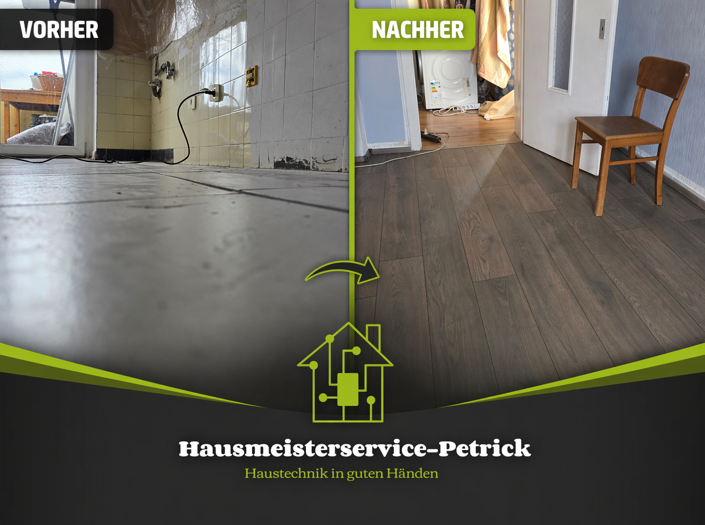 Alter Fliesenboden wird durch neuen Laminat ersetzt.