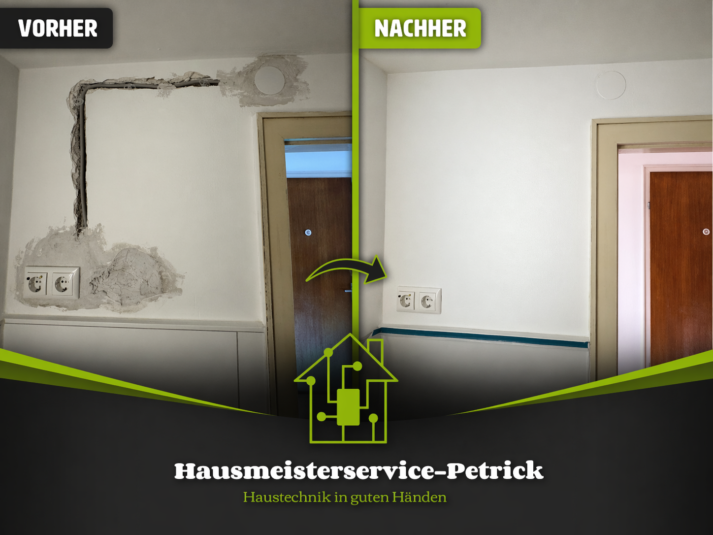 Die Wand wird nach einer Steckdosen Installation verspachtelt und gestrichen.